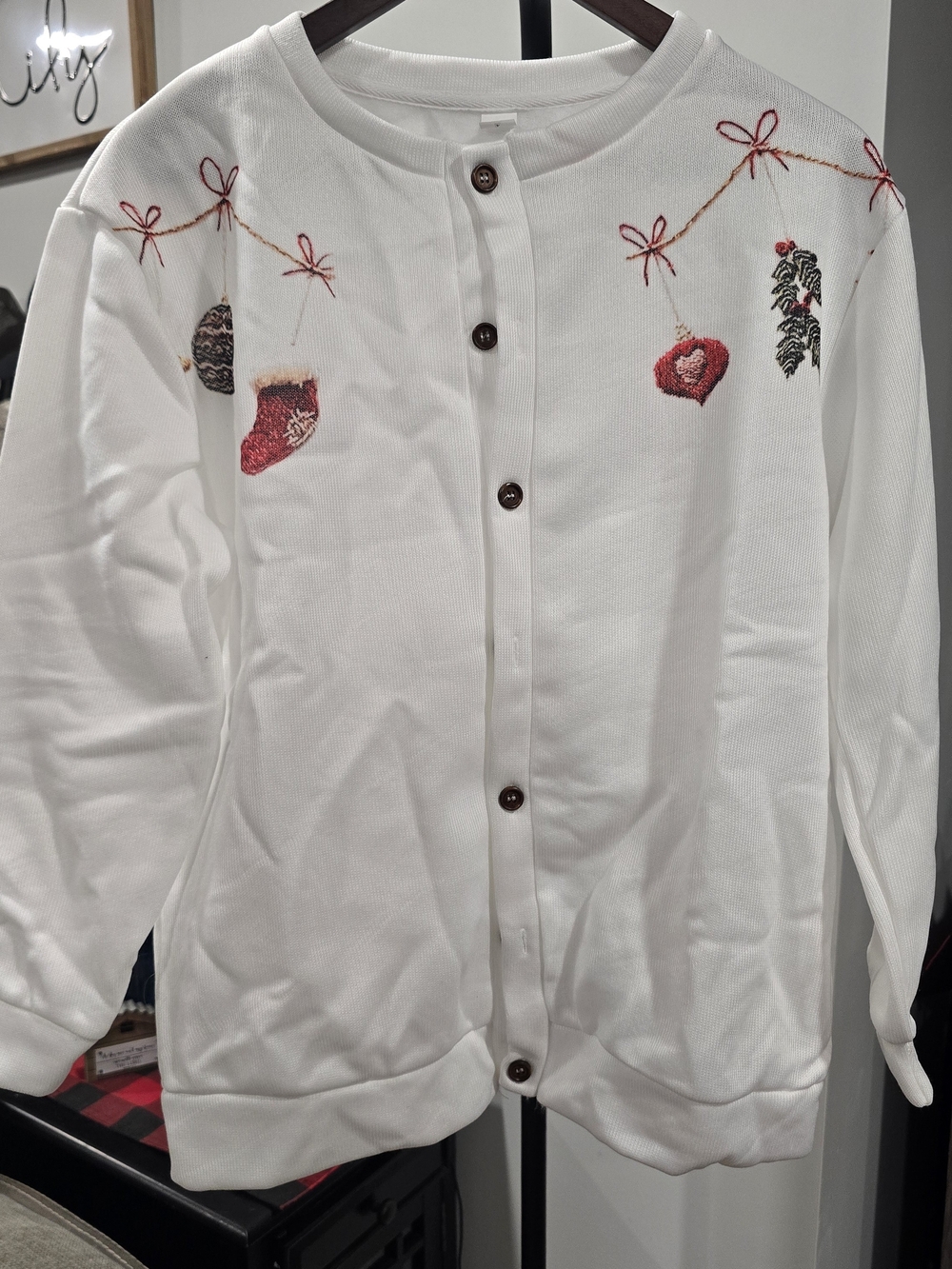 Christmas Ornaments Button Up Cardigan Sweater - Stretchy Graphic Large